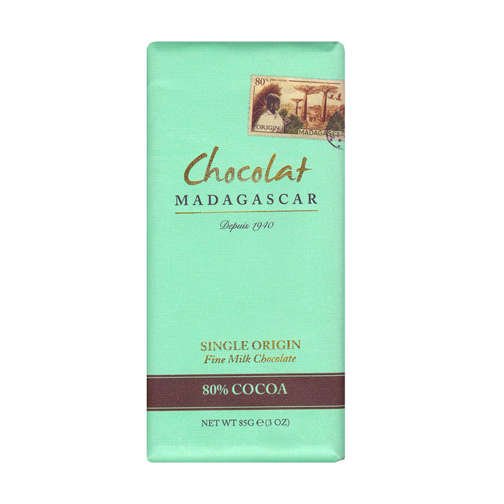Chocolat Madagascar milk chocolate (80%) bars 10x85g packaging