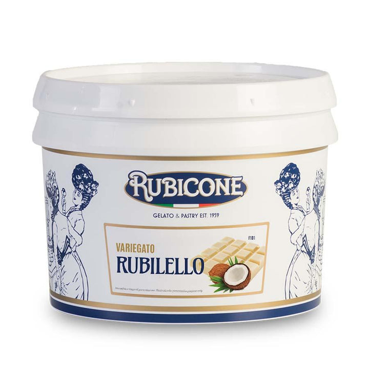 Rubicone | Rubilello | White chocolate, coconut and hazelnut flavour variegato with hazelnut pieces (rippling sauce) | 3kg