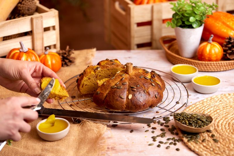 Pumpkin brioche and garlic-infused oil spread