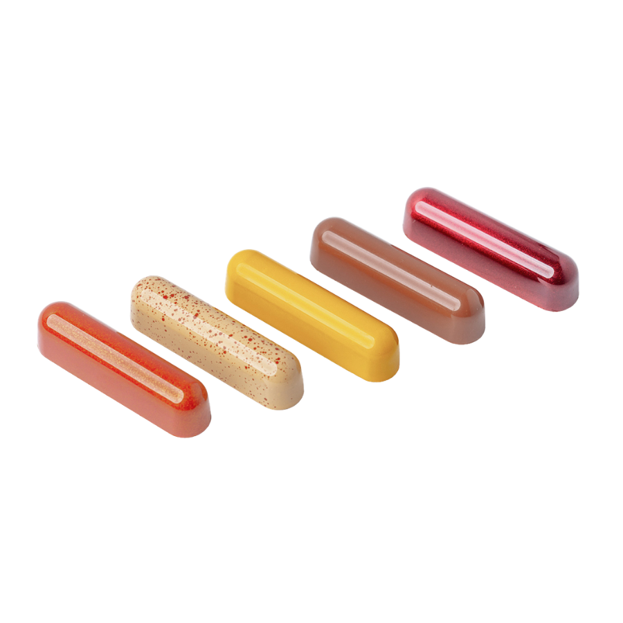 Chocolate World 12-cavity 29g éclair snack bar chocolate mould by Carole Bertuccio - 78.5 x 19mm