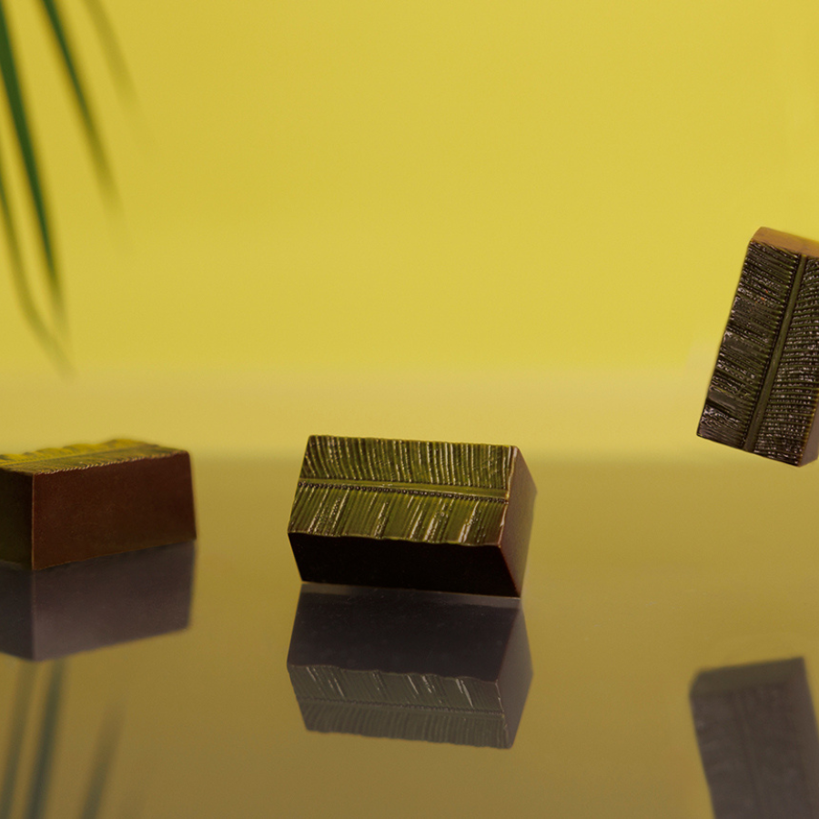 Chocolate World 24-cavity 11g banana leaf block chocolate mould by Nora Chokladskola - 34 x 18mm