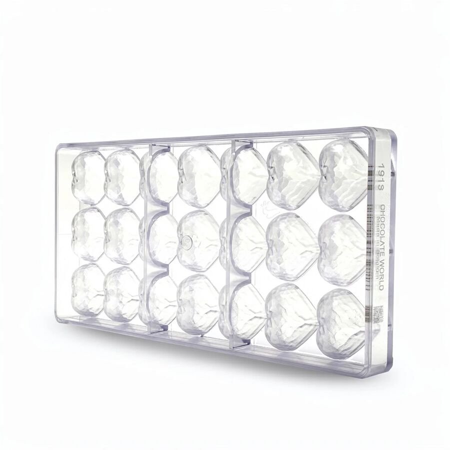 Chocolate World 21-cavity 13g faceted heart chocolate mould - 36 x 29.5mm