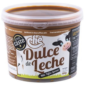 Container of Che Dulce de Leche milk toffee spread with a cow illustration on the label.