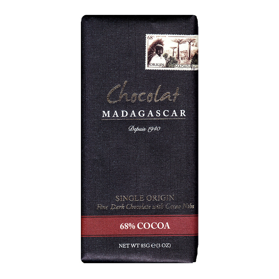 Chocolat madagascar madagascan dark chocolate (68%) retail bars with cocoa nibs - 10 x 85g